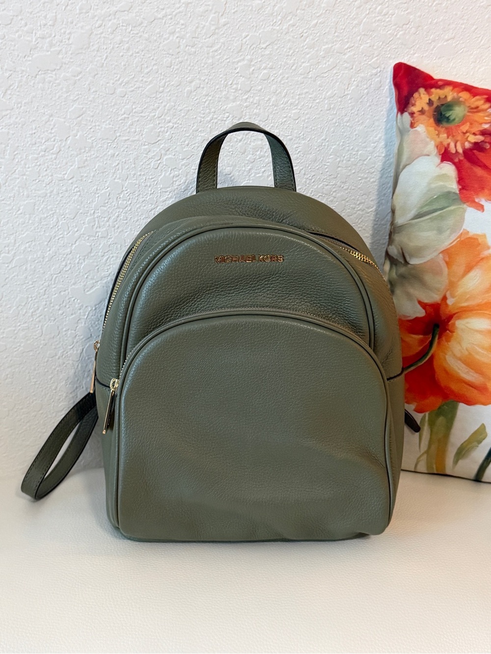 MICHAEL KORS Olive Leather Pebbled Backpack with Gold Hardware